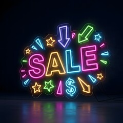 Colorful neon sign displaying the word 'SALE' surrounded by arrows and stars, creating an eye-catching advertisement for discounts and promotions