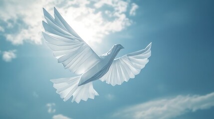 Origami Dove Flying Gracefully Through Cloudy Sky