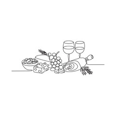 Elegant sketch of a wine and cheese platter with grapes