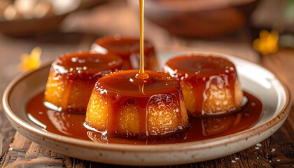 Golden caramel sauce being elegantly drizzled over a plate of delicious and creamy traditional flan puddings
