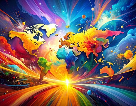 Dynamic world map radiating with a spectrum of vibrant colors and energetic light trails, illustrating global interconnectedness and a conceptual vision of technological advancement and communication