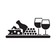 Wine and cheese platter with grapes and bottle icon