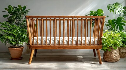 Wooden baby crib surrounded by potted green plants in a bright room.