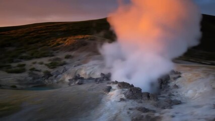 A thermal spring erupts steam, set against a hill and warm sunset