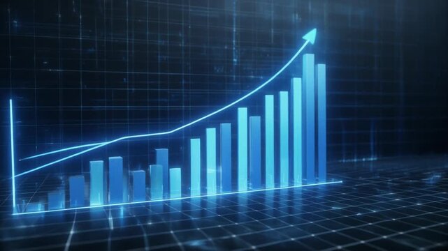A digital blue bar chart representing growing business performance, futuristic hi-tech style