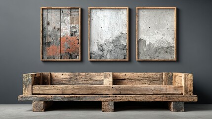 Three framed artworks above a wooden pallet sofa against a dark gray wall.