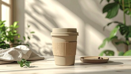 Eco-Friendly Coffee Cup Sustainable Beverage Container on Wooden Table with Natural Light and Plants