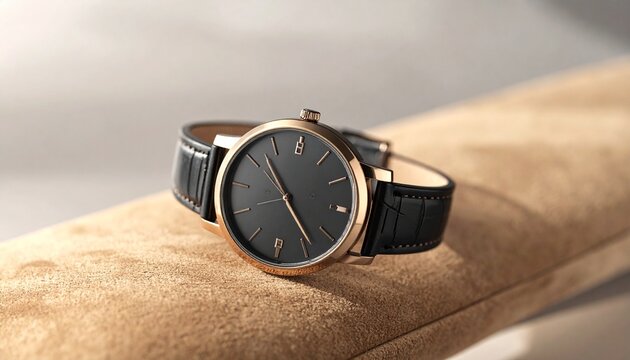 Elegant minimalist wristwatch with black leather strap on a neutral textured surface, capturing timeless style and sophisticated design