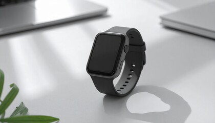Wearable technology concept featuring a sleek smartwatch with a customizable screen on a bright, contemporary workspace