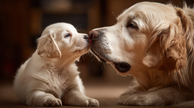 Cute white puppy is kissing its mother, golden retriever, in warm and affectionate moment. bond between them is heartwarming, showcasing love and tenderness