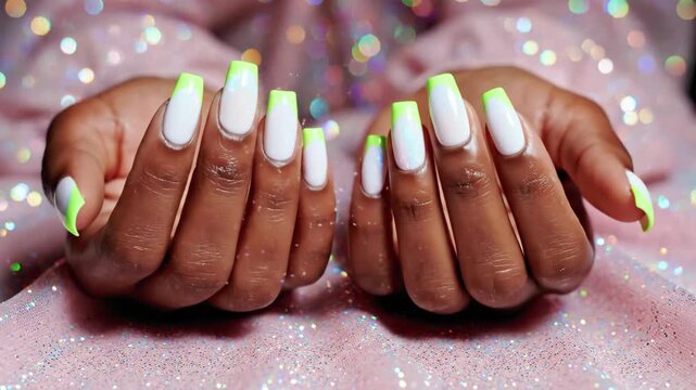 Two hands display white and neon green french-tip acrylic nails, against bokeh background