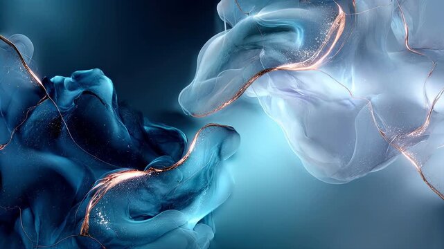 Abstract blue and gold liquid marble background with flowing metallic veins and alcohol ink texture