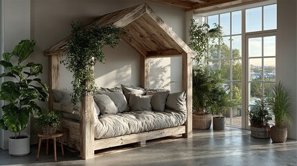 Indoor daybed with wooden frame pillows and plants near a large window.