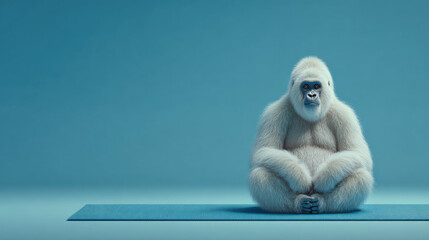 Adorable fluffy white gorilla sits calmly on yoga mat, exuding sense of tranquility and peace. serene blue background enhances peaceful atmosphere, making it delightful scene