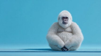Adorable fluffy white gorilla sits calmly on yoga mat against vibrant blue background, exuding sense of tranquility and peace. This unique scene captures charm of this gentle creature