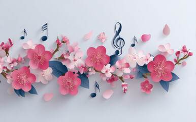 Beautiful spring flowers and musical notes create harmonious composition on light background, evoking feelings of joy and serenity. vibrant colors and delicate petals enhance overall aesthetic