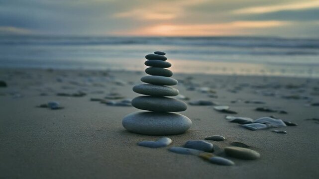 Tranquil arrangement of stacked stones on a sandy beach, bathed in soft natural light. Evokes balance, mindfulness, and calmness with a serene ocean background.