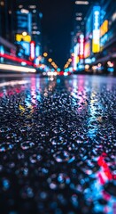 A vibrant city street scene at night with colorful neon lights reflecting on a wet pavement creating a lively urban atmosphere
