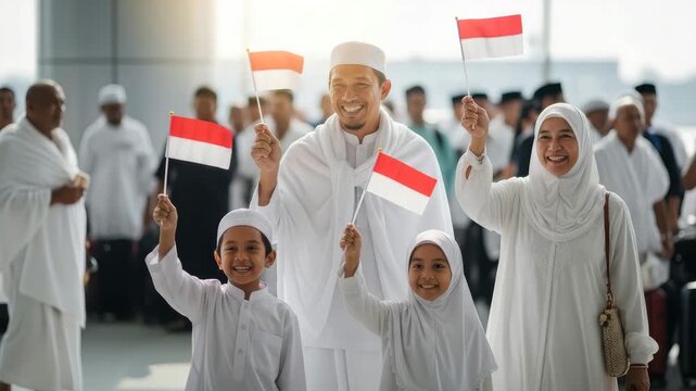 Family welcomes arriving passengers at the airport, holding Indonesian flags in white attire