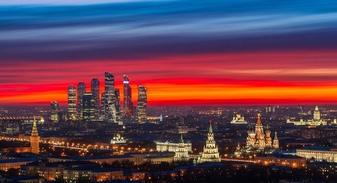 Dramatic Moscow cityscape at twilight with iconic landmarks and modern skyscrapers illuminated against a stunning red and blue sunset sky.