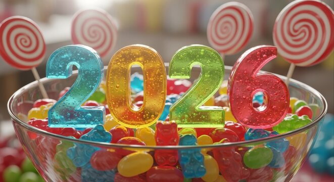 A festive bowl overflowing with colorful gummy candies and lollipops, featuring the year 2026 in sparkling numbers.