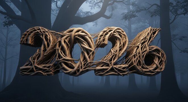 The numbers 2026 are formed from twisted, gnarled tree roots in a dark, misty forest. - Powered by Adobe