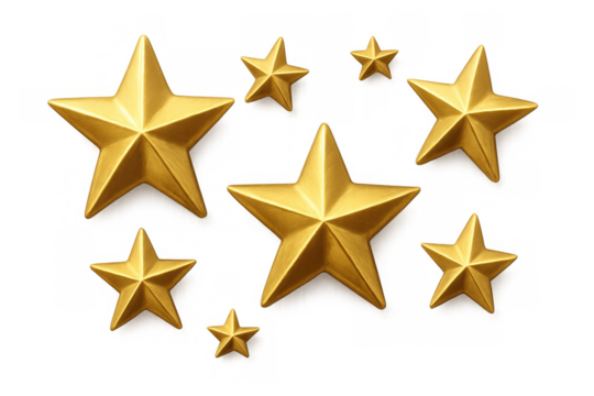 Golden stars rating and review element, showing success, best quality, and award on transparent background