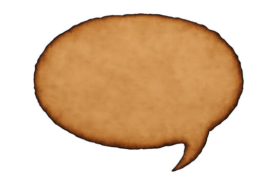 Burnt parchment speech bubble blank space with grunge paper texture on transparent background for message or dialogue