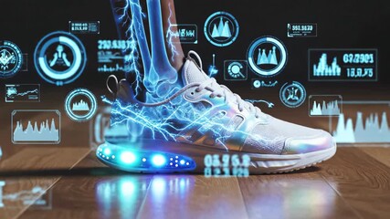 High-tech sneaker with energy display, showing bone structure and data overlays, glowing lights - Powered by Adobe