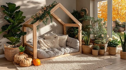 Cozy reading nook with wooden frame plants and soft cushions near a window.
