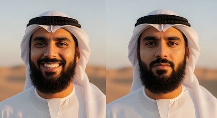 A portrait of a smiling man wearing traditional Middle Eastern attire outdoors during sunset, showcasing cultural dress and a cheerful expression