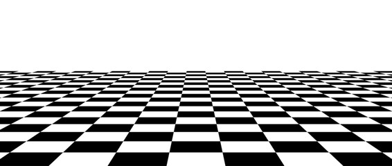 Fototapeta na wymiar Black and white checkerboard floor in perspective. Abstract checkered tile pattern background. Retro horizontal chess board grid plane surface. Vector vintage empty room stage checker floor