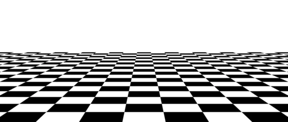 Fototapeten Pony Black and white checkerboard floor in perspective. Abstract checkered tile pattern background. Retro horizontal chess board grid plane surface. Vector vintage empty room stage checker floor  © vika_k