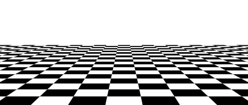 Black and white checkerboard floor in perspective. Abstract checkered tile pattern background. Retro horizontal chess board grid plane surface. Vector vintage empty room stage checker floor