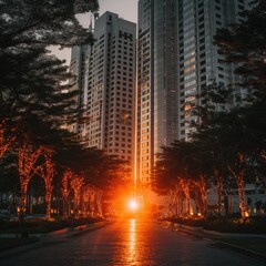 Obraz premium Golden sunlight reflects between tall skyscrapers, lined with glowing trees, creating a dramatic urban canyon.