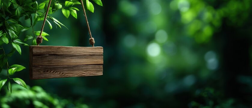 Blank Wooden Sign Hanging Amidst Lush Green Foliage in a Blurred Forest Background