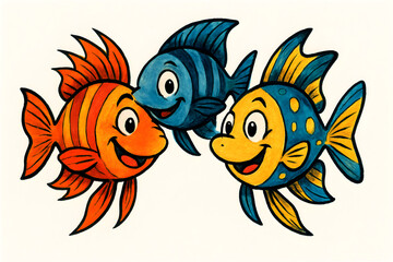 Playful cartoon fish trio over coral reef with vibrant stripes