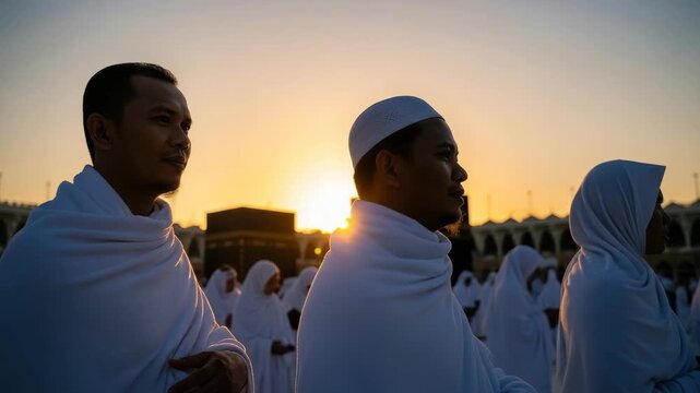 Men in white reflect as the sun sets behind a sacred site at a religious event