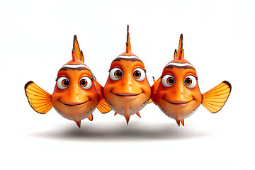 Vibrant cartoon fish trio with joyful expressions in coral reef mood