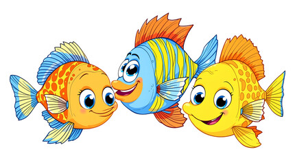 Friendly cartoon fish trio circling coral reef in vibrant blue sea