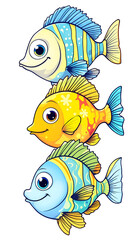 Adorable cartoon fish trio cruising coral reef in vibrant illustration
