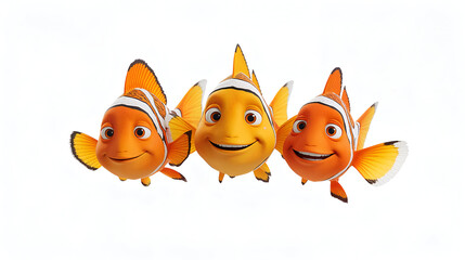 Happy cartoon fish trio swimming lively in vibrant coral reef scene