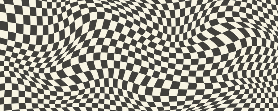 Trippy checkerboard background. Retro psychedelic checkered wallpaper. Wavy groovy chessboard surface. Distorted geometric grid chess pattern. Abstract old race flag backdrop. Vector
