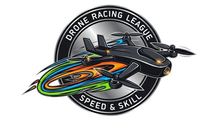 Dynamic drone racing league emblem with vibrant speed trails, perfect for esports branding, professional team logos, and modern technology campaigns