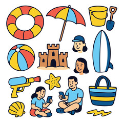 Beach umbrella sandcastle beach ball surfboard water gun children summer happy