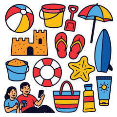 Beach ball sand bucket flip flop umbrella surfboard sandcastle sunscreen cheerful