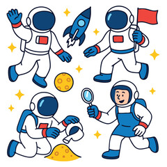 Astronaut, space, flag, rocket, magnifying glass, and moon cheese cartoon illustration