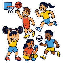 Children playing basketball, running, lifting weights, using smartphone, and playing soccer