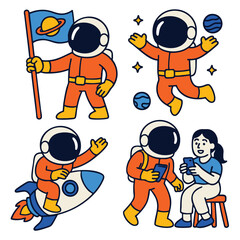 Astronaut flag planet rocket woman phone cartoon cheerful space suit
