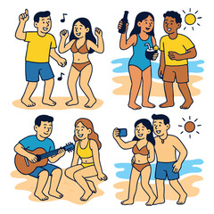 People dancing, drinking, playing guitar, and taking selfies on sunny beach, joyful summer vibe